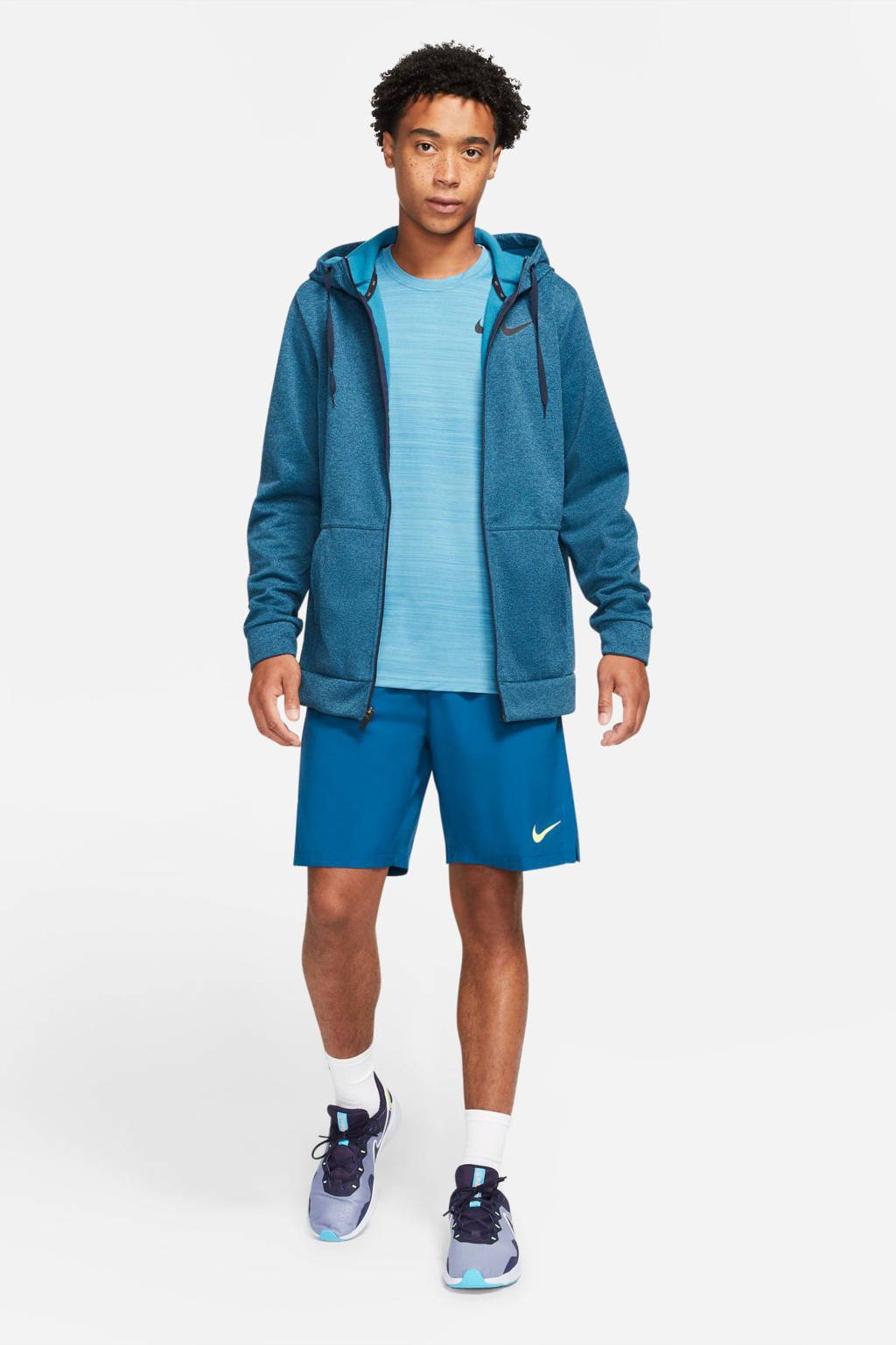 Petrolkleurige heren Nike sportvest van polyester met melée print, lange mouwen, capuchon en ritssluiting