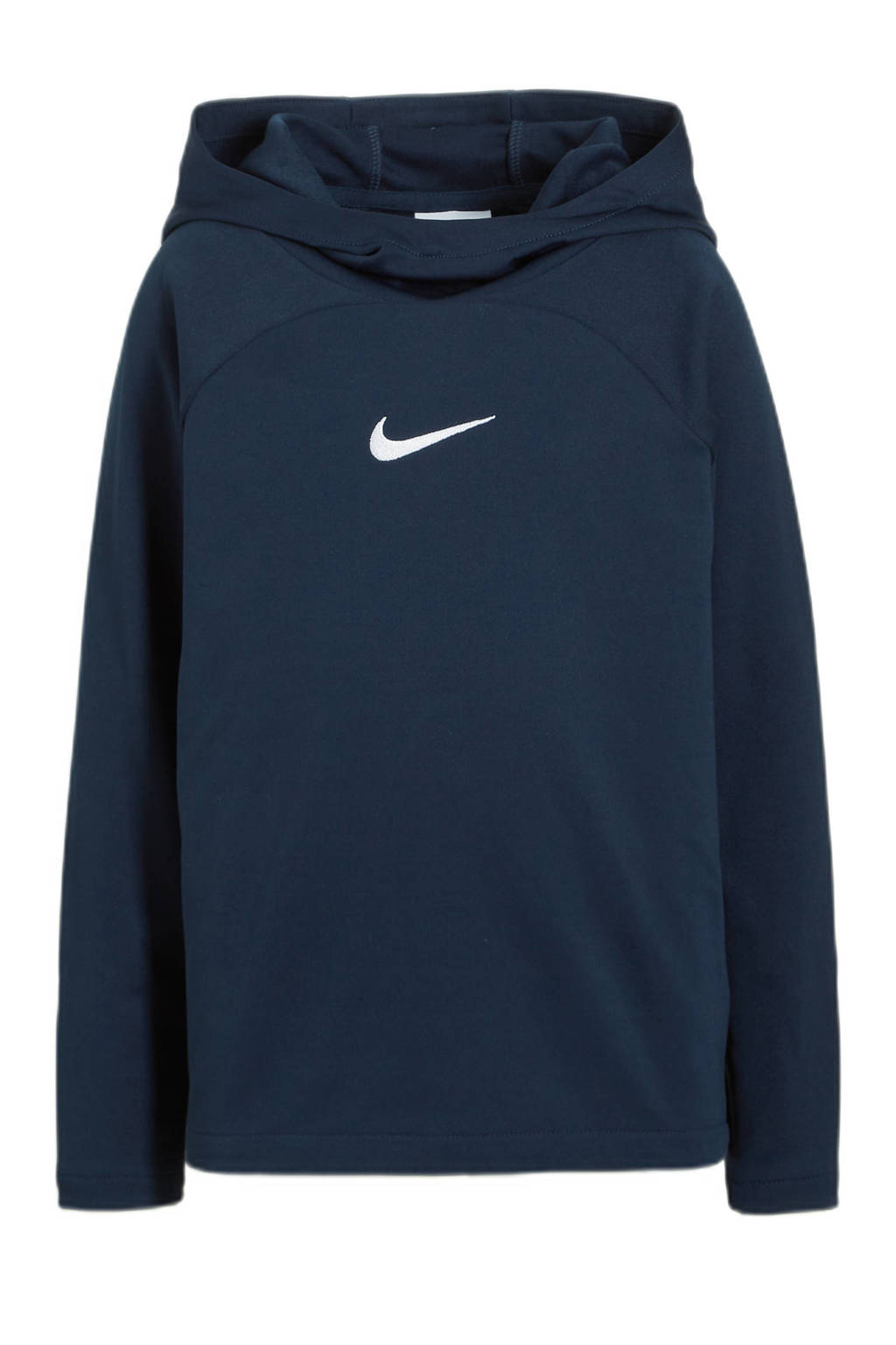 Donkerblauwe jongens en meisjes Nike sporthoodie van polyester met logo dessin, lange mouwen en capuchon