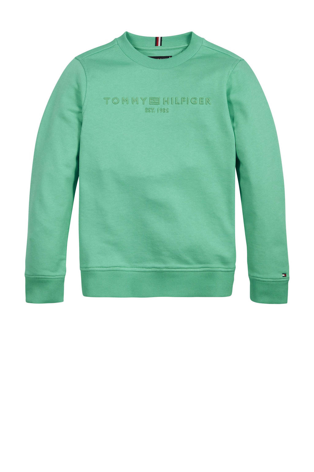 Groene jongens Tommy Hilfiger sweater van biologisch katoen met lange mouwen, ronde hals, elastische tailleband en geribde boorden
