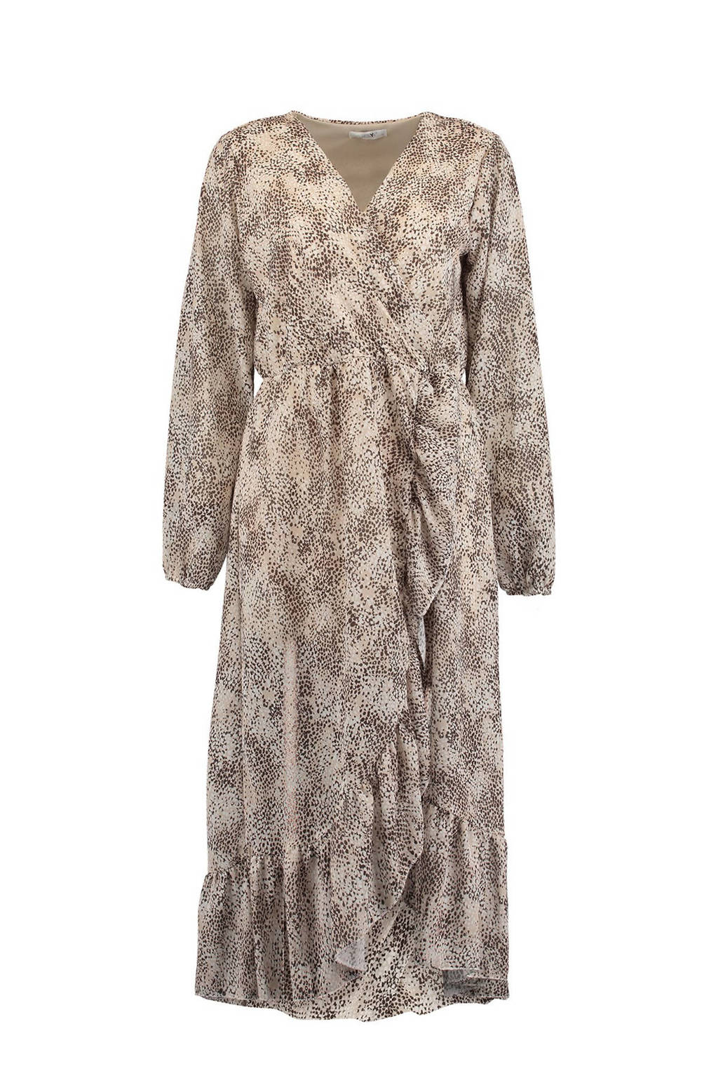 Beige dames Hailys jurk Sue van polyester met all over print, lange mouwen en elastische inzet
