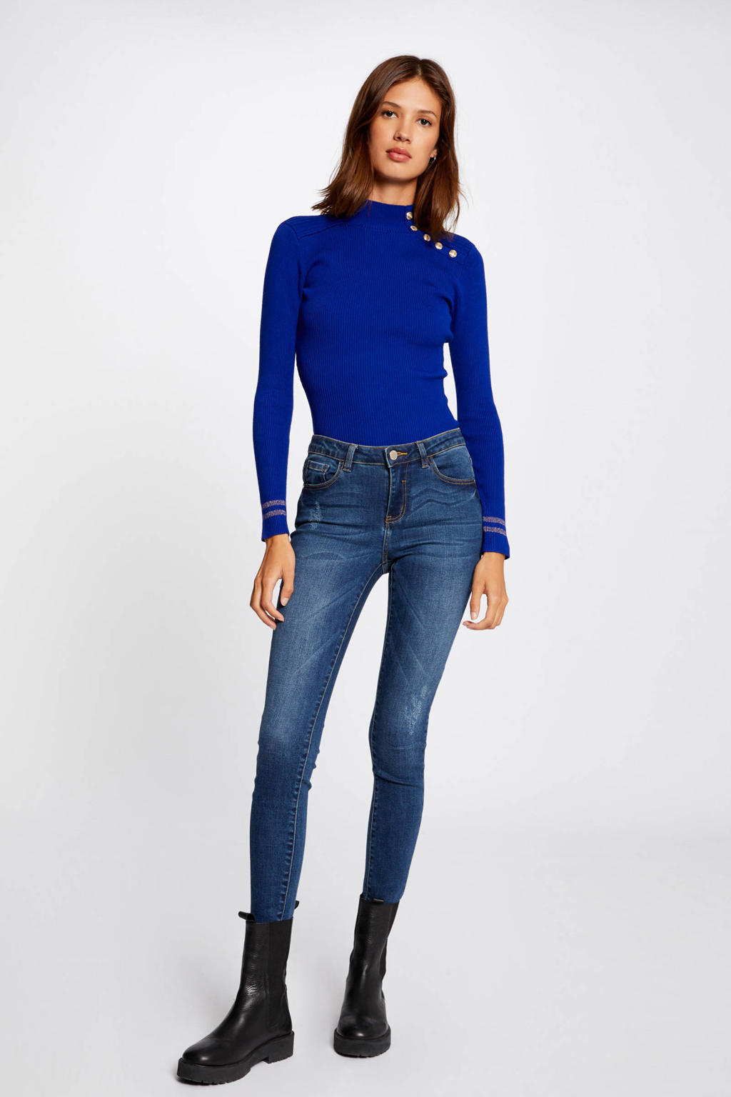 Blauwe dames Morgan top van viscose met effen en lange mouwen