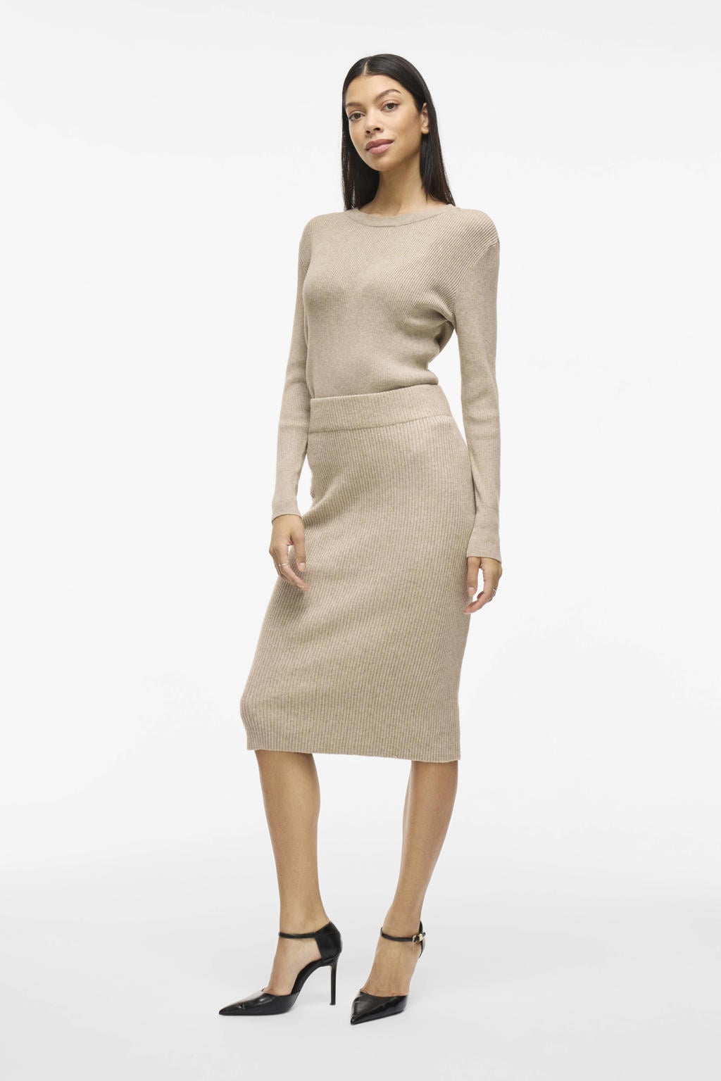 VILA gebreide midi rok VIRIL beige