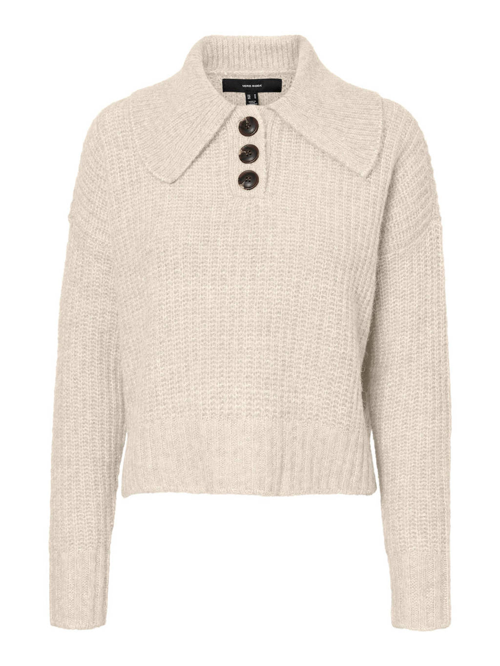 Beige dames VERO MODA gebreide schipperstrui van gerecycled polyester met lange mouwen en knoopsluiting