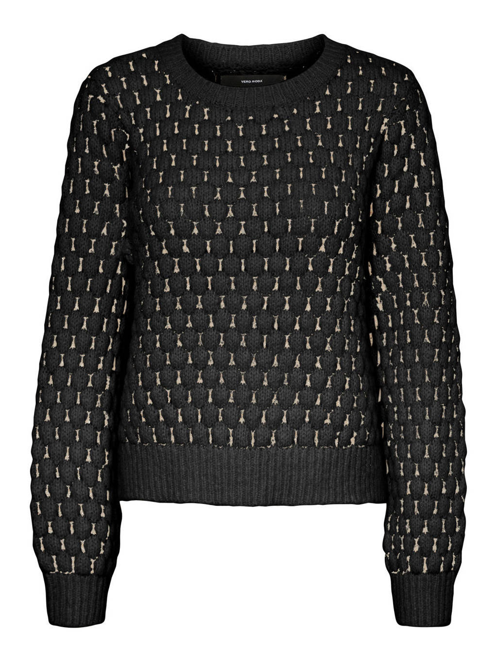 Zwarte dames VERO MODA gebreide trui van gerecycled polyester met lange mouwen en col