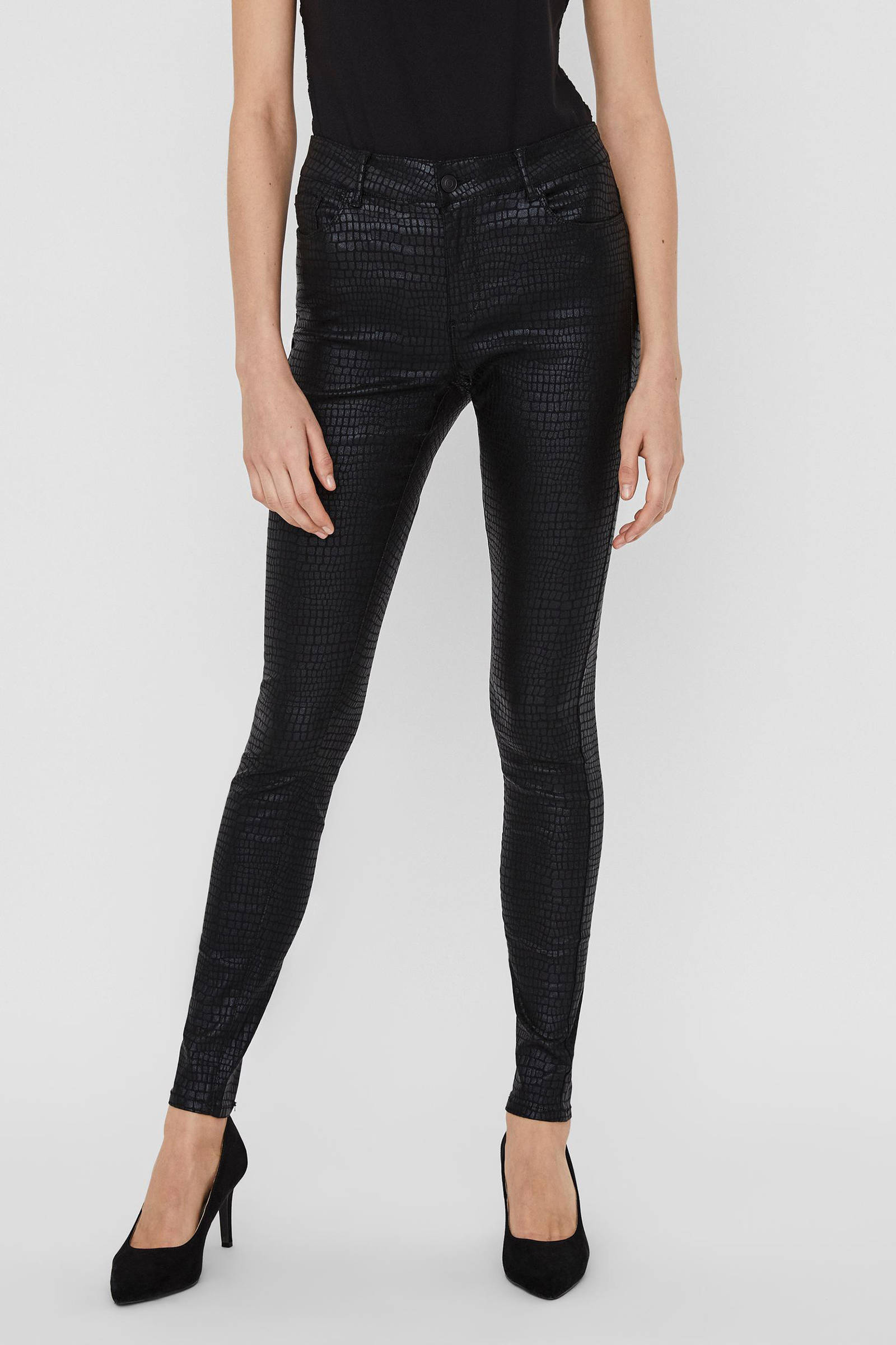VERO MODA coated skinny broek VMSEVEN met slangenprint zwart | wehkamp