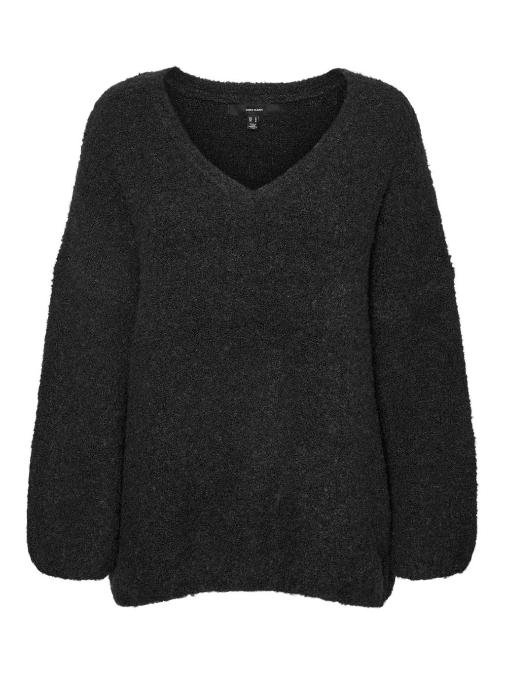 Zwarte dames VERO MODA gebreide trui van gerecycled polyester met lange mouwen en V-hals