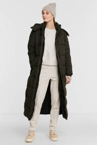 Donkergroene dames Superdry gewatteerde jas van nylon met lange mouwen, capuchon, rits- en klittenbandsluiting en doorgestikte details