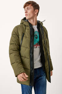 Groene heren Q S designed by jas van polyester met lange mouwen, capuchon en rits- en drukknoopsluiting