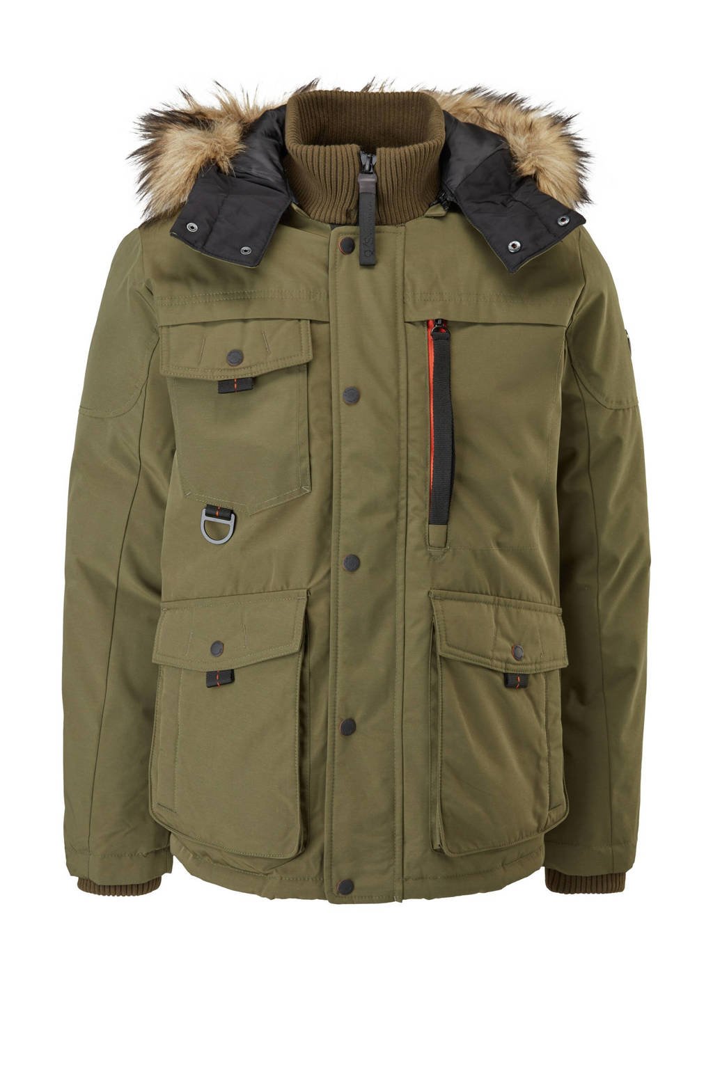 Groene heren Q S designed by jas van polyester met lange mouwen, capuchon en rits- en drukknoopsluiting