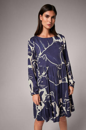 A-lijn jurk met dierenprint en volant donkerblauw/ecru