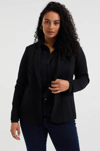 Zwarte dames WE Fashion Curve tricot getailleerde stretch blazer van viscose met lange mouwen, reverskraag en knoopsluiting