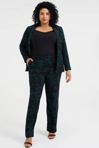 Donkergroen en zwarte dames WE Fashion Curve straight fit pantalon van polyester met regular waist, rits, haak- en knoopsluiting en bladprint
