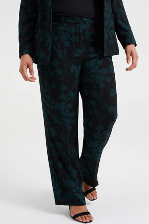 straight fit pantalon met bladprint donkergroen/zwart