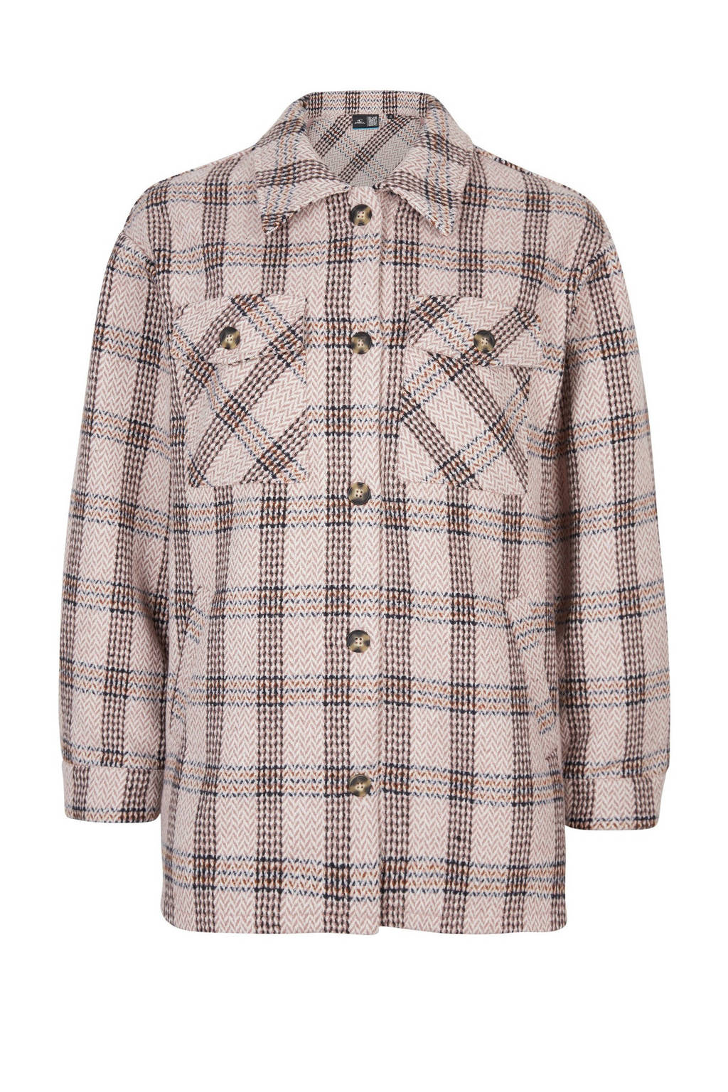 Lichtbruine dames O'Neill geruite blouse van polyester met lange mouwen, klassieke kraag en knoopsluiting