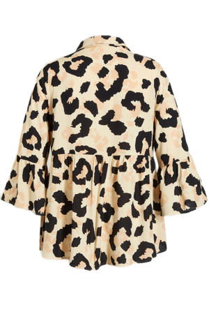 blouse met dierenprint en volant lichtgeel/lichtoranje/zwart