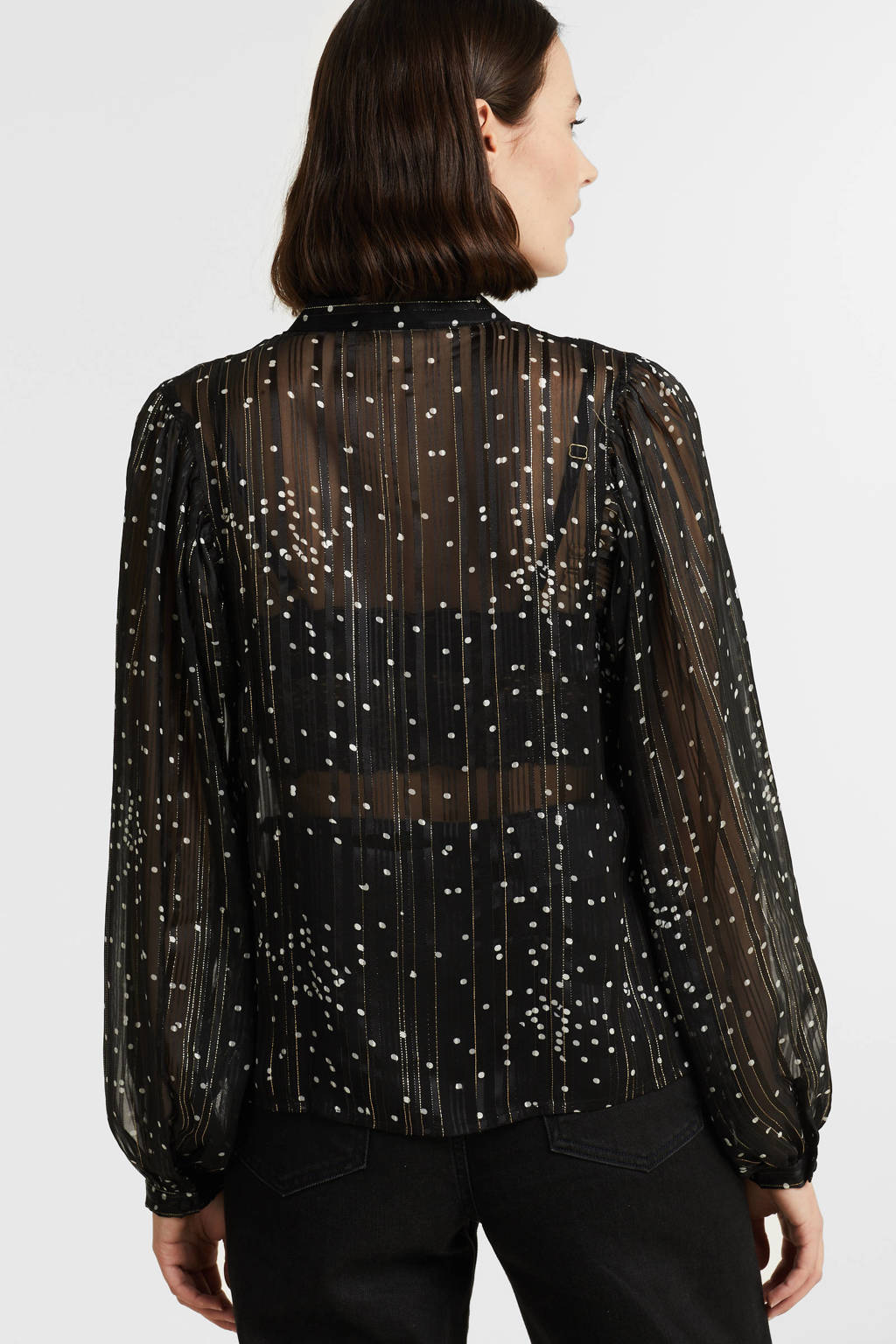 Zwarte dames VILA semi-transparante blouse van polyester met all over print, lange mouwen, mao kraag, knoopsluiting en lurex