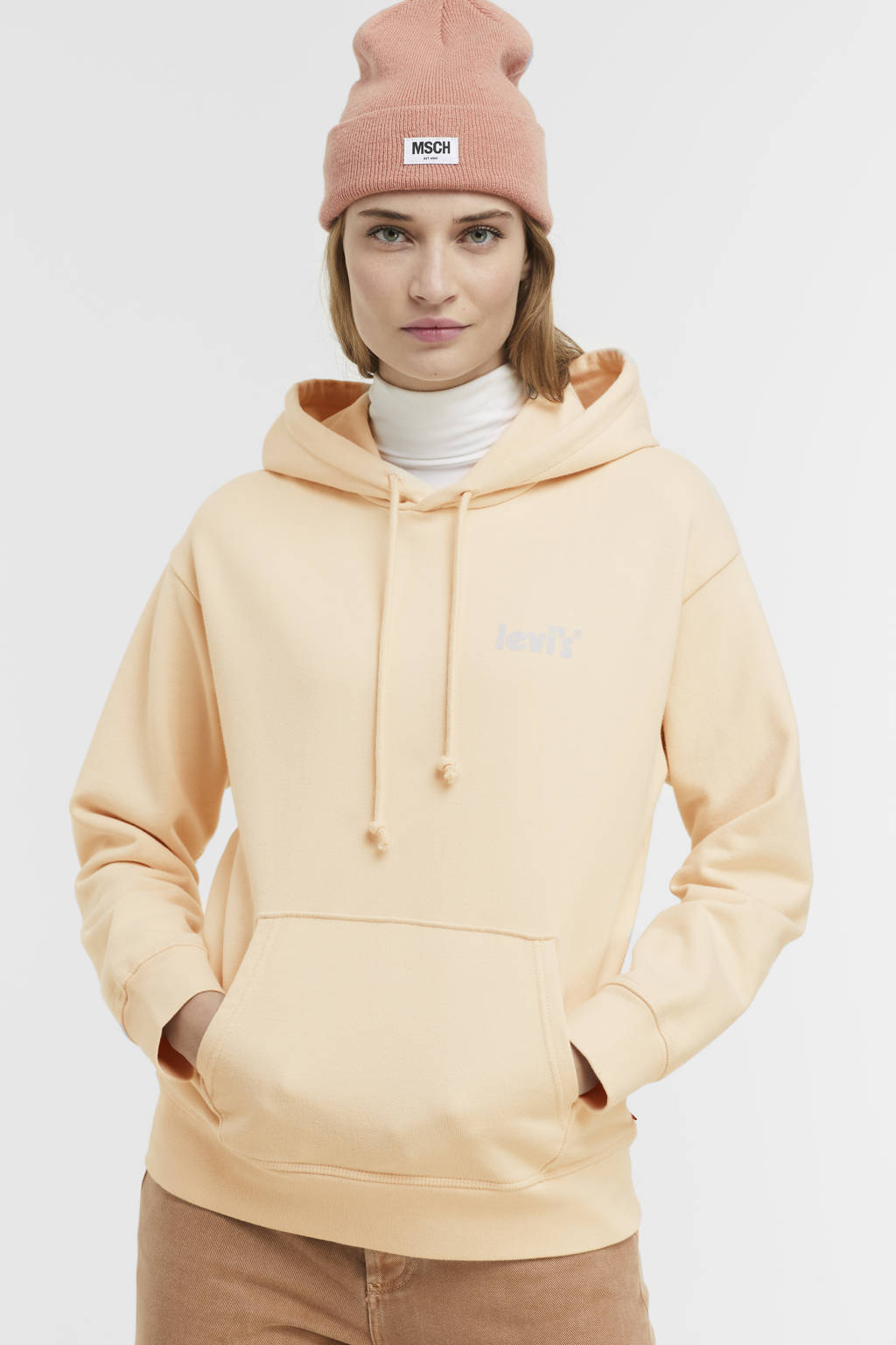 Zalmkleurige dames Levi's hoodie van katoen met logo dessin, lange mouwen en capuchon