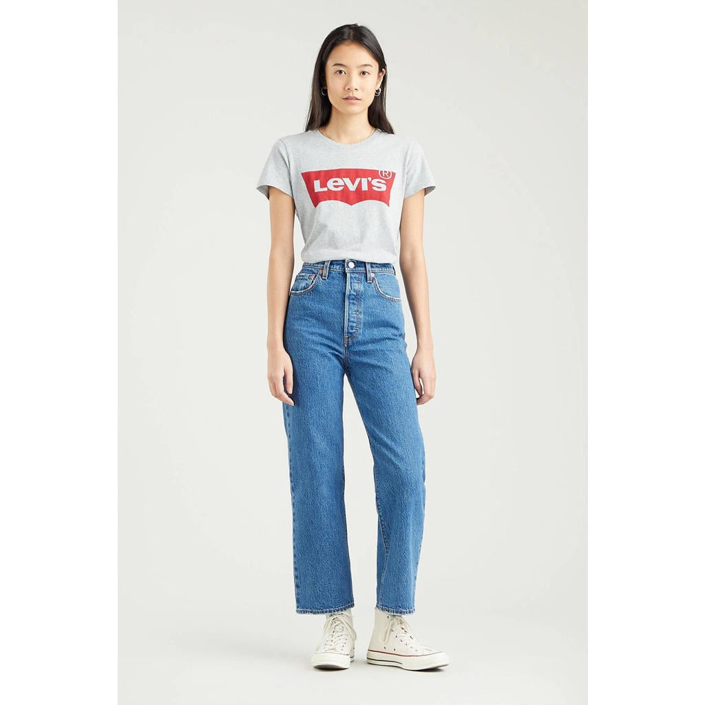 Lichtgrijze dames Levi's T-shirt Perfect Tee melée van katoen met logo dessin, korte mouwen en ronde hals