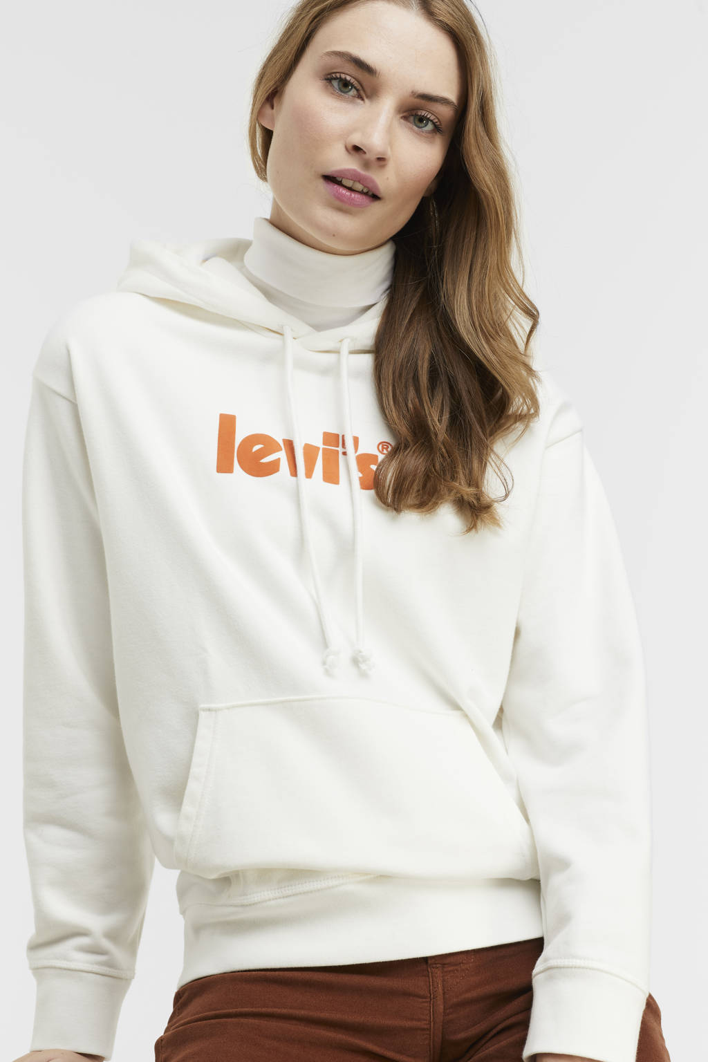 Ecru dames Levi's hoodie van katoen met logo dessin, lange mouwen en capuchon