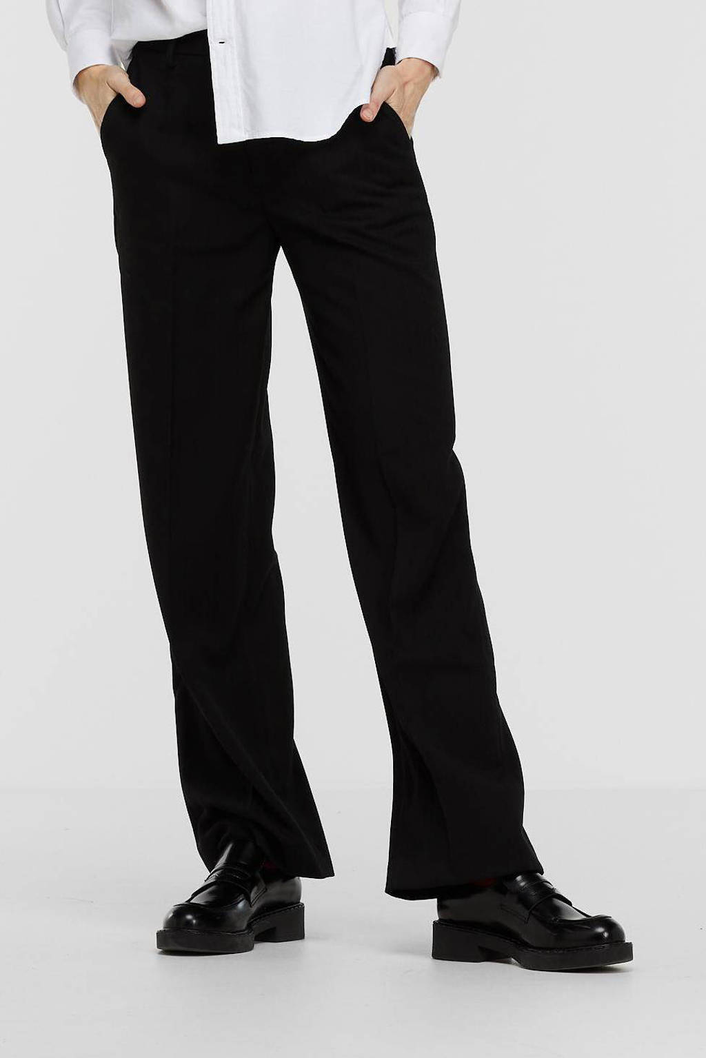 Zwarte dames Scotch & Soda high waist wide leg pantalon van polyester met rits- en knoopsluiting