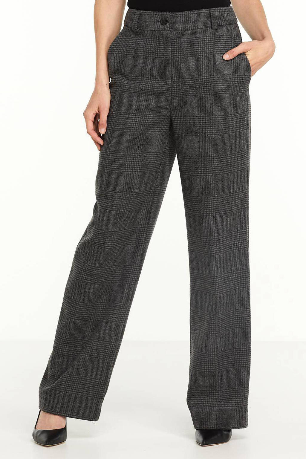 Grijs en zwarte dames Modström geruite high waist wide leg pantalon Gale van polyester met rits- en knoopsluiting