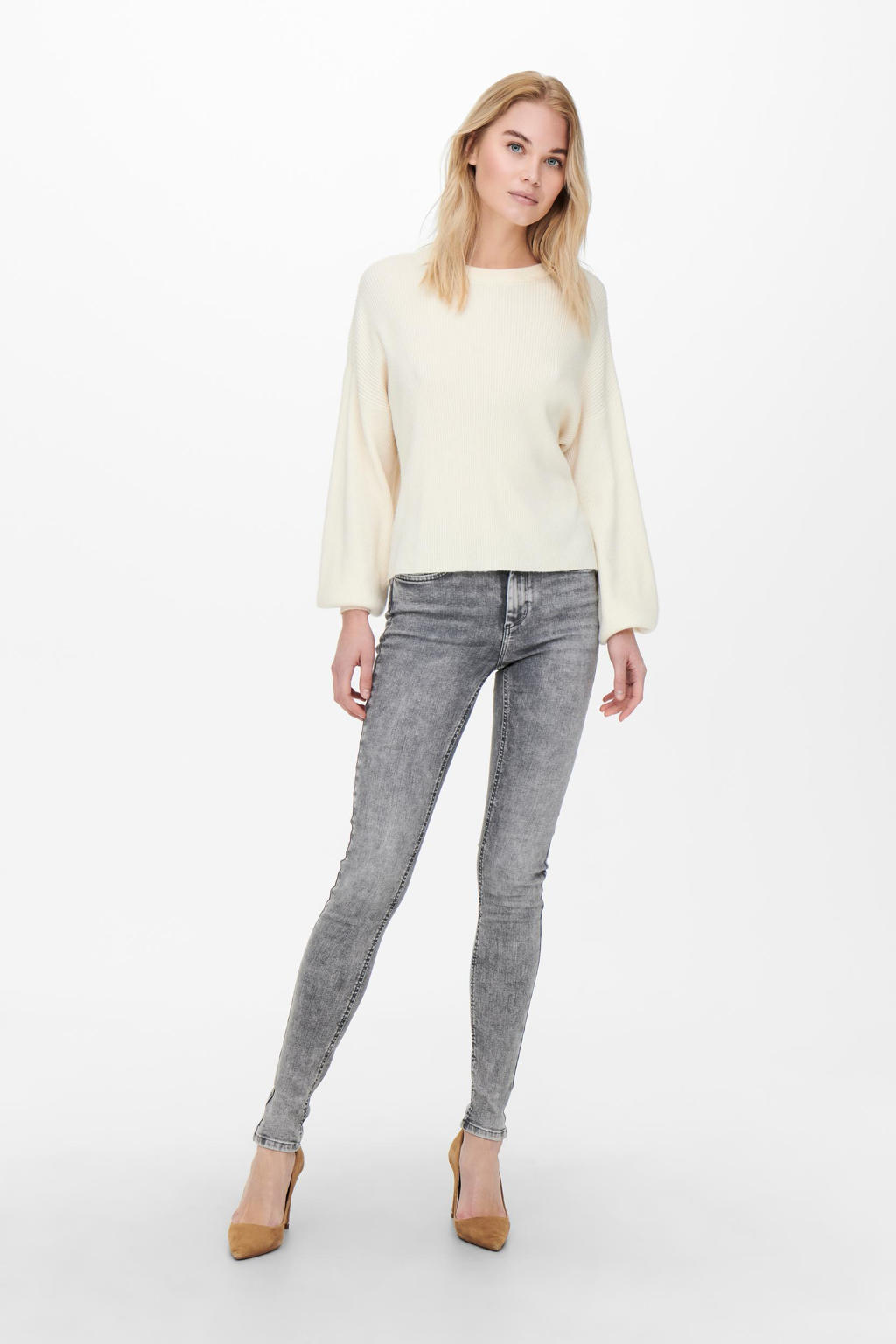 Grijze dames ONLY skinny jeans van stretchdenim met regular waist en rits- en knoopsluiting