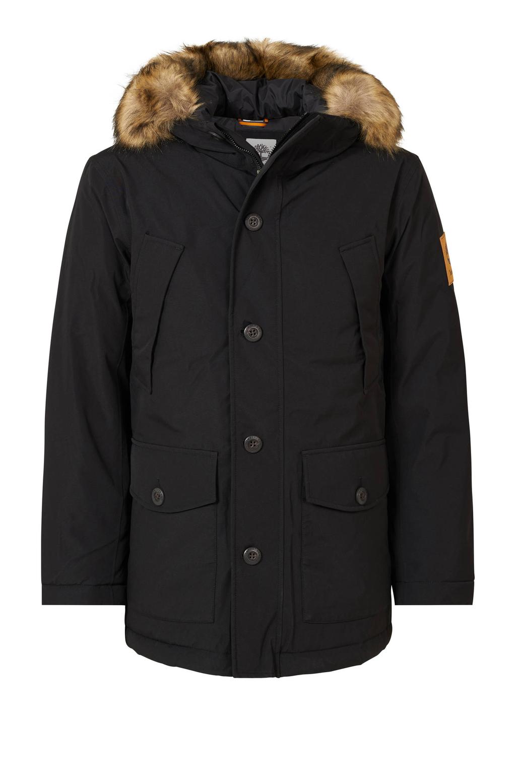 Zwarte heren Timberland parka winterjas met effen, lange mouwen, capuchon, rits- en knoopsluiting en afneembare imitatiebontkraag
