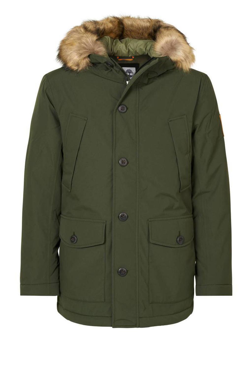 Groene heren Timberland parka winterjas van duurzaam gerecycled materiaal met lange mouwen, capuchon, rits- en knoopsluiting en afneembare imitatiebontkraag