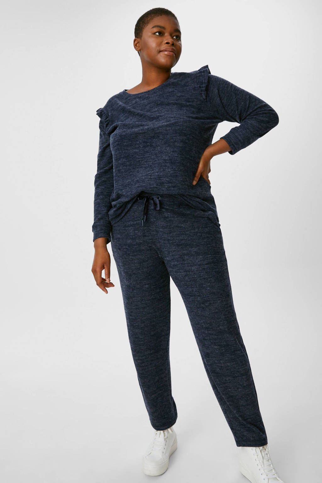 Donkerblauwe dames C&A XL gemêleerde skinny sweatpants van viscose met striksluiting en elastische boord