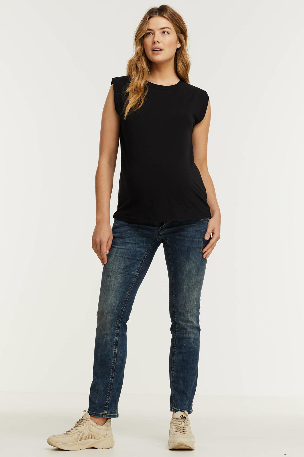 Dark blue denim dames ESPRIT Maternity straight leg zwangerschapsjeans van stretchdenim met rits- en knoopsluiting en effen