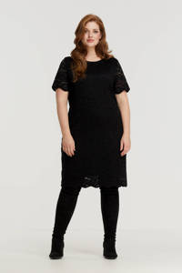 Zwarte dames GREAT LOOKS jurk van polyester met korte mouwen, ronde hals en kant