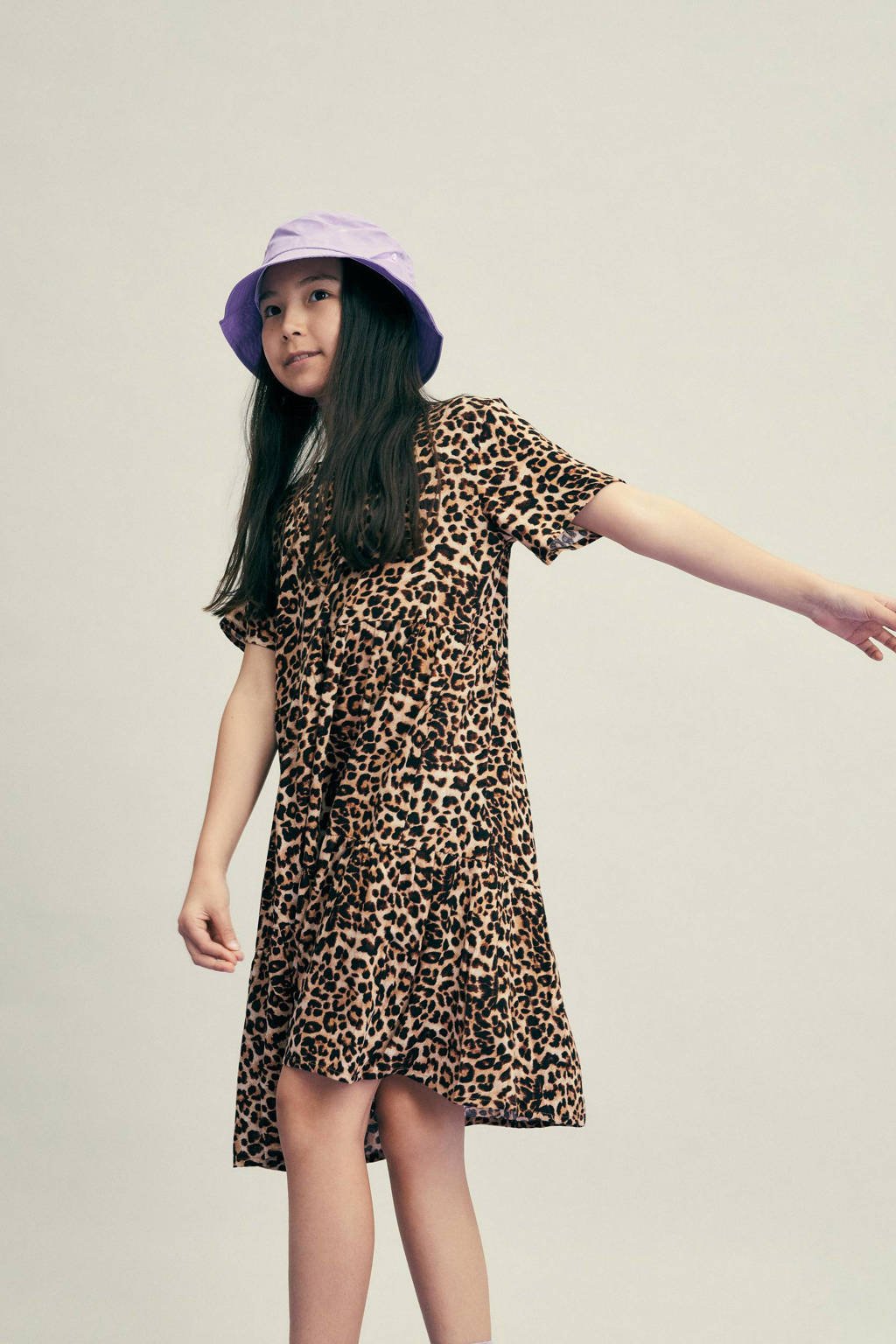 PIECES KIDS jurk LPNYA met panterprint zwart/bruin wehkamp