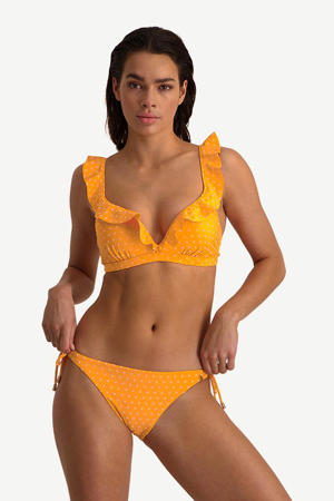 voorgevormde voorgevormde beugel bikinitop met ruches en flockprint stippen oranje/wit