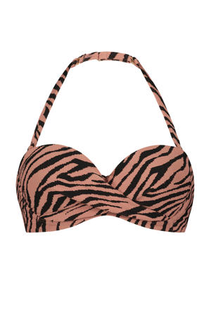 strapless bandeau bikinitop met zebraprint zalmroze/zwart