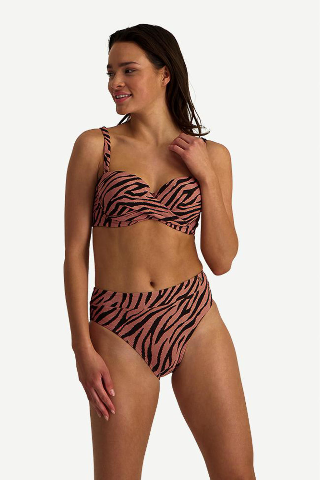 Beachlife voorgevormde strapless bandeau bikinitop zalmroze/zwart