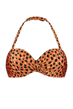 voorgevormde strapless bandeau bikinitop met panterprint oranje/zwart