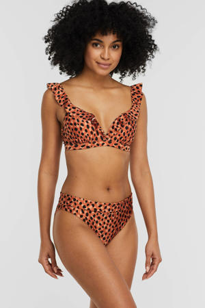 voorgevormde beugel bikinitop met ruches en panterprint oranje/zwart