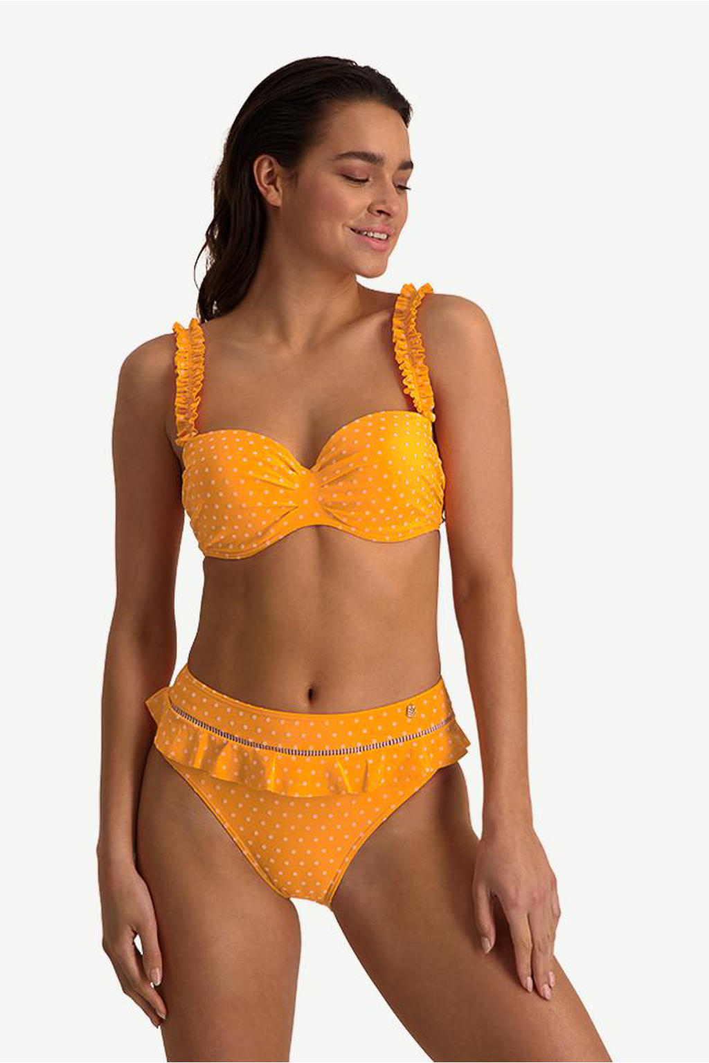 Beachlife high waist bikinibroekje met ruches en flockprint stippen oranje/wit