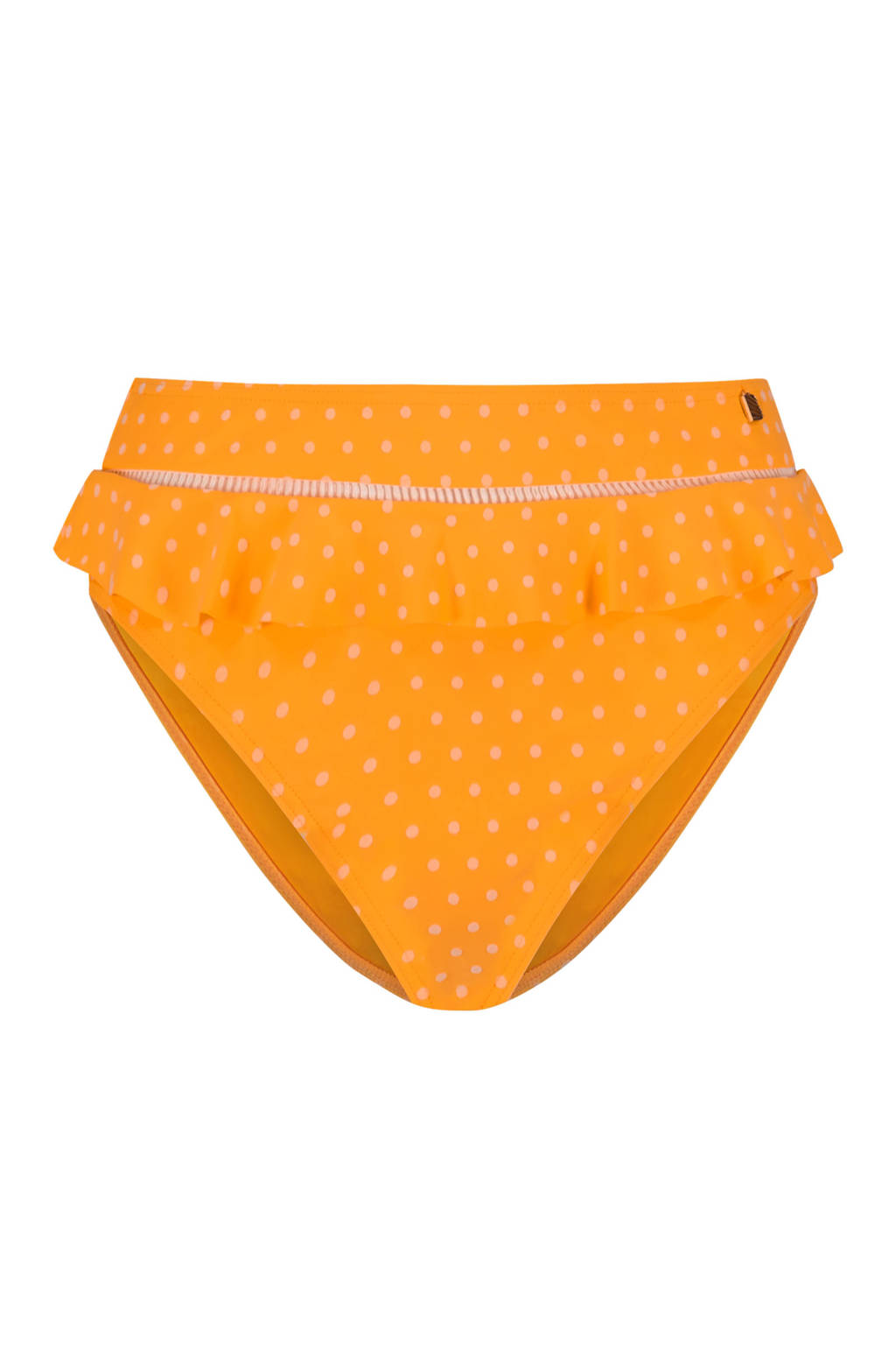 Beachlife high waist bikinibroekje met ruches en flockprint stippen oranje/wit