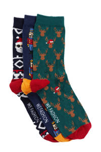 WE Fashion sokken met kerstdessin - set van 3 blauw/groen, Multi