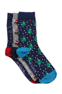 WE Fashion sokken met kerstdessin - set van 3 blauw, Blauw/grijs