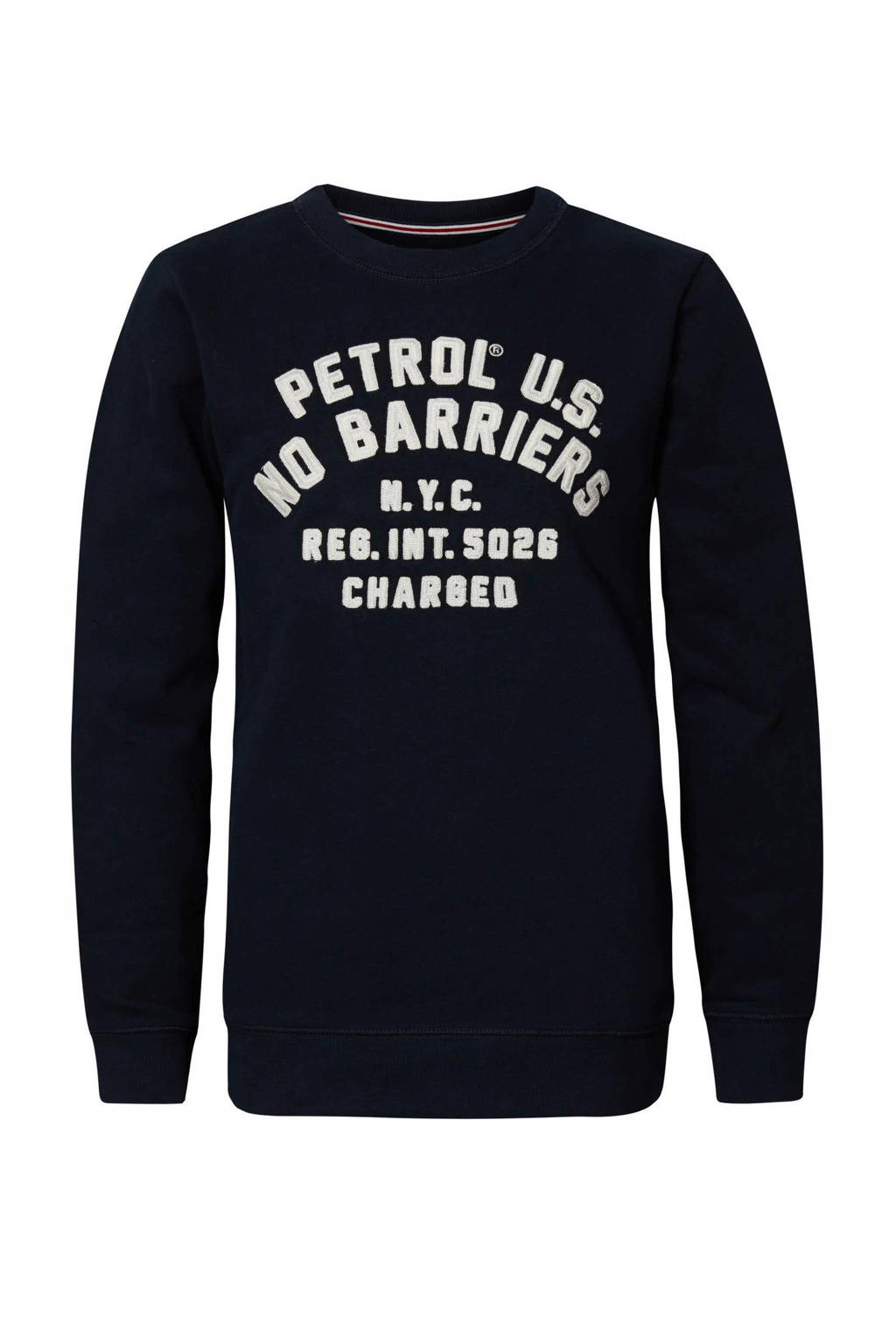 Donkerblauwe jongens Petrol Industries sweater met tekst print, lange mouwen en ronde hals