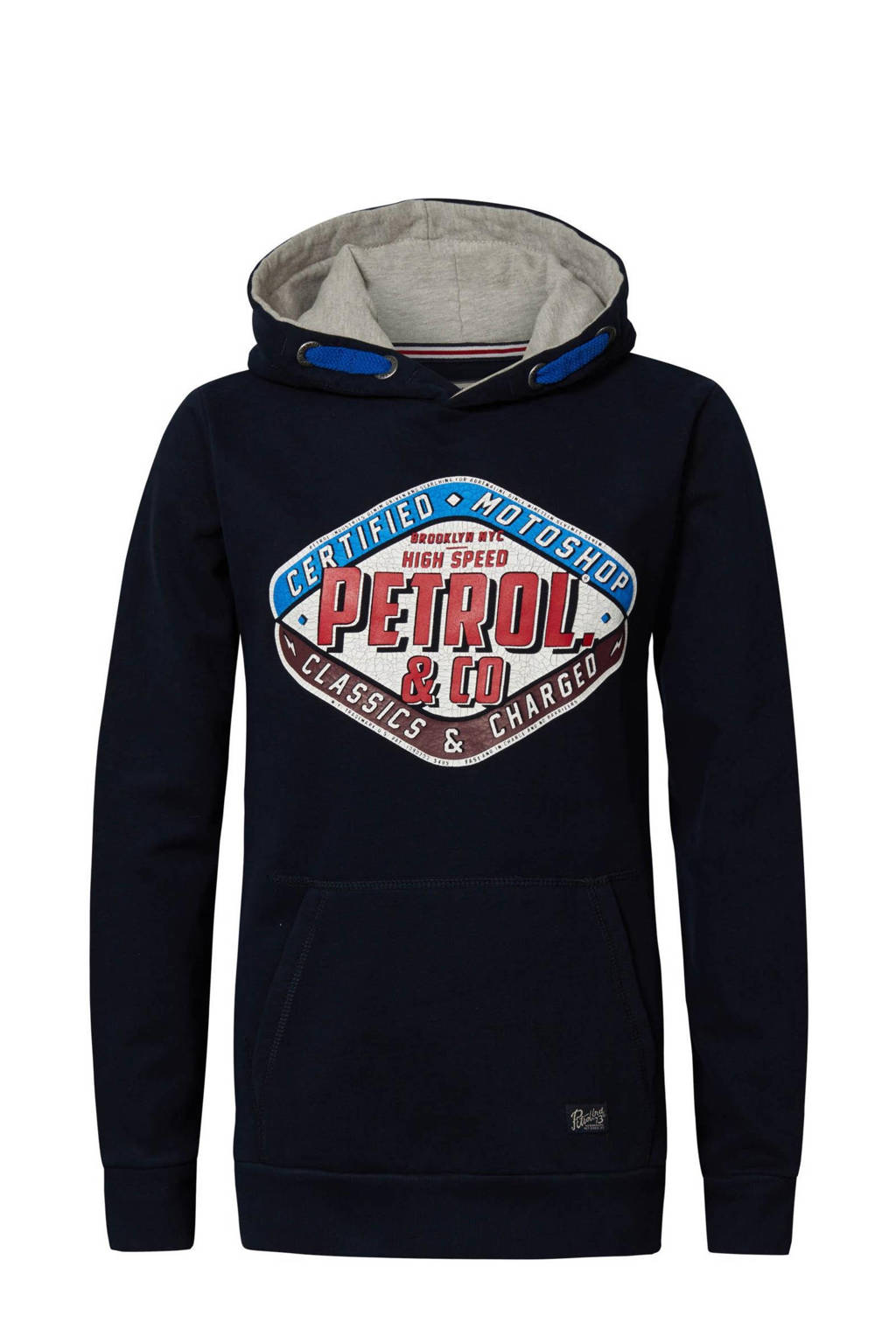 Donkerblauwe jongens Petrol Industries hoodie van sweat materiaal met logo dessin, lange mouwen en capuchon