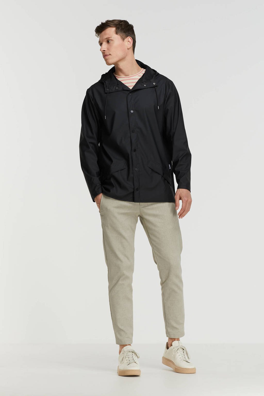 Zwarte heren Rains jas van polyester met capuchon en drukknoopsluiting