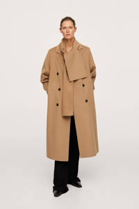 Bruine dames Mango coat van wol met lange mouwen, reverskraag, double breasted sluiting en split