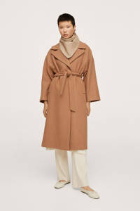 Bruine dames Mango coat van wol met lange mouwen, reverskraag, striksluiting en ceintuur