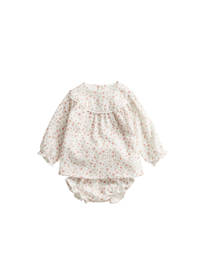 Mango Kids newborn baby jurk met broekje wit/roze, Naturel wit/roze