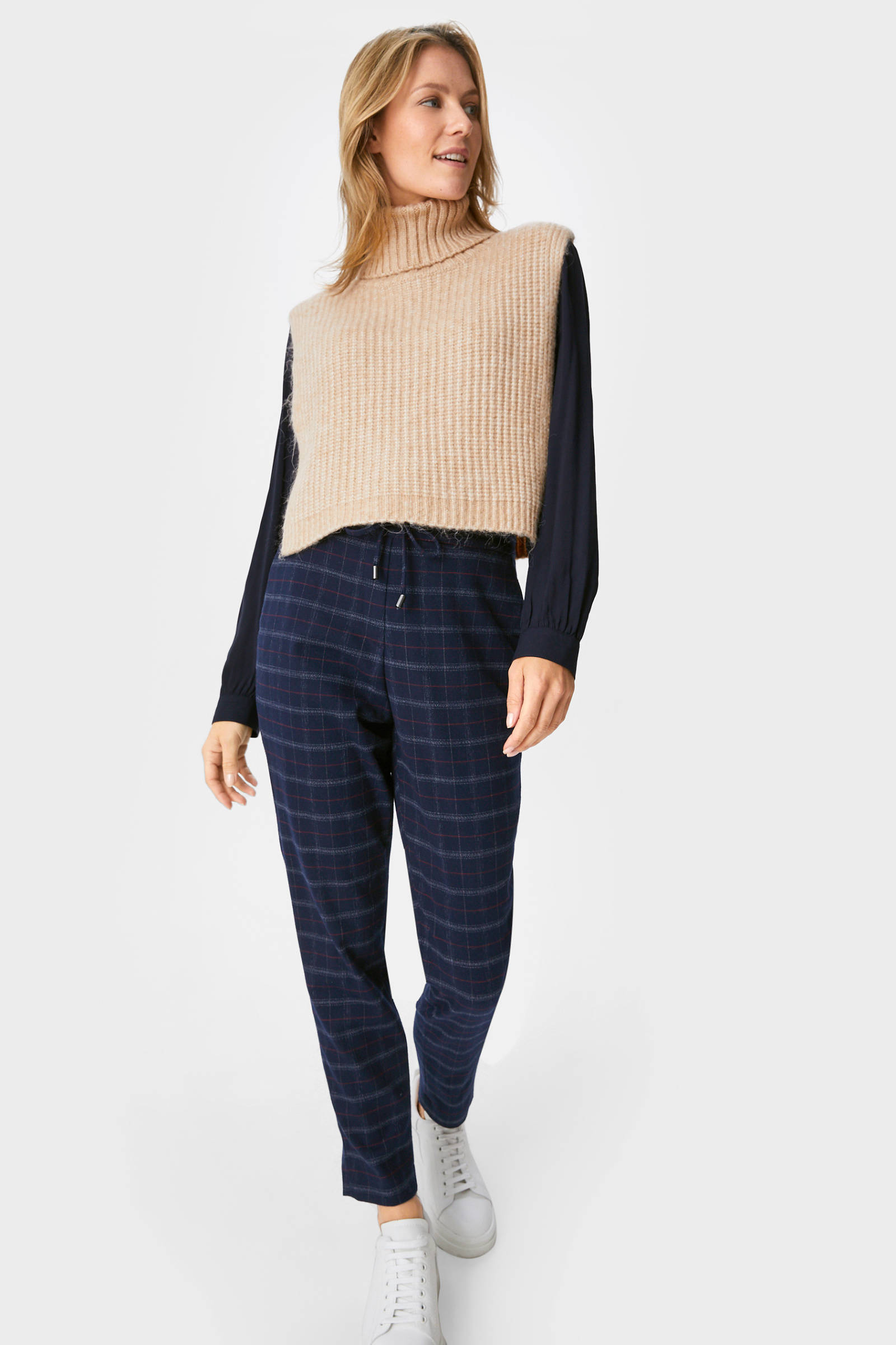 C\u0026A geruite straight fit broek donkerblauw | wehkamp