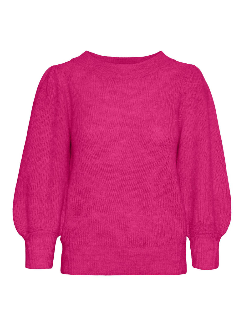 Fuchsia dames VERO MODA ribgebreide trui van gerecycled polyester met driekwart mouwen, ronde hals en ballonmouwen