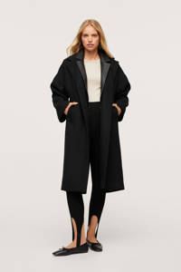 Zwarte dames Mango coat van polyester met lange mouwen, reverskraag en knoopsluiting